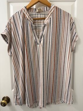 Flower & Feather Striped Short-Sleeve V-Neck Top in White, Rust & Navy